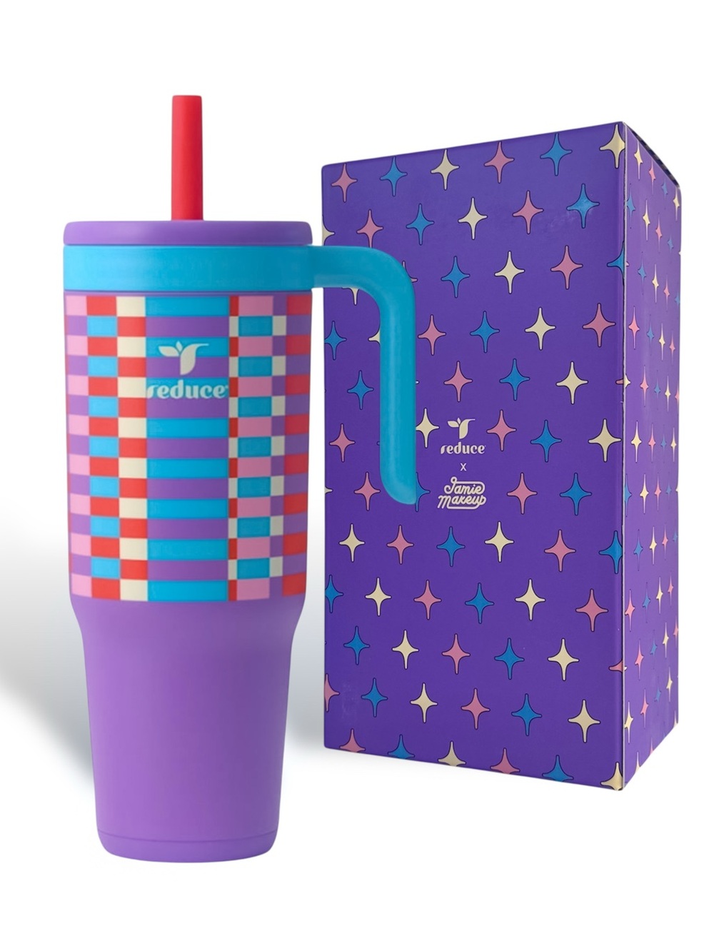 Reduce Jamie Makeup 40oz Tumbler Chiller Spill-Proof Checkered Purple NWT